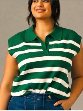 Maeve by Anthropologie Green & White Striped Sleeveless Polo Tank